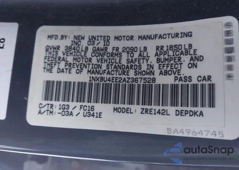 2010 Toyota Corolla Le z USA, uszkodzony, nr VIN 1NXBU4EE2AZ367528